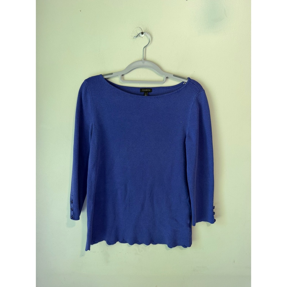 Talbots Royal Blue Boatneck Scalloped Hem Button Cuff Sweater Small Womens